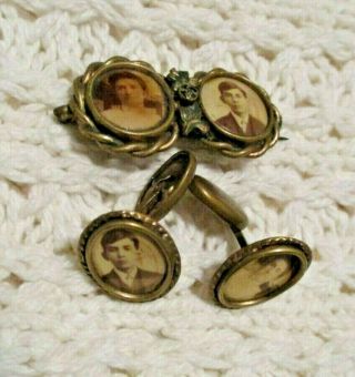 Antique Victorian Mourning Jewelry Brooch Pin & Cufflinks Mother Son Photos