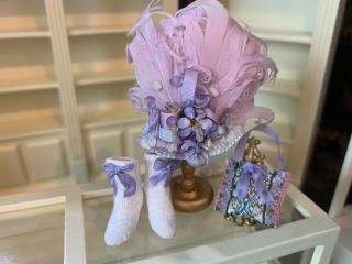 Vintage Miniature Dollhouse Artisan Fabulous Lavender Hat Purse Velvet Boots