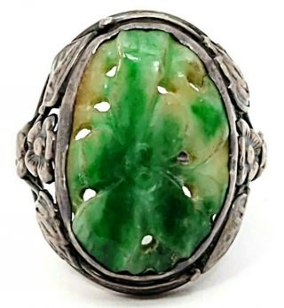 Antique Old Chinese Sterling Silver Carved Jade Ring Size 6