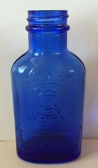 Antique 5 " Cobalt Blue Milk Of Magnesia Glass Bottle Chas H Philips Chemical Com