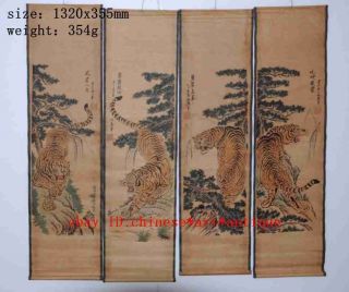 Vintage Set 4 Chinese Hand Painted Paper Scrolls Tiger Cranes Eagle Horses B02