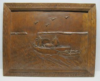 Vintage Relief Wood Carving Duck Hunters On The Bay W/decoy Blind Boat Yqz