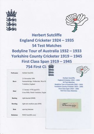 Herbert Sutcliffe England Cricketer Ashes Bodyline Tour 1932 - 1933 Rare Autograph