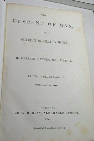 CHARLES DARWIN DESCENT OF MAN/1871/RARE TRUE 1st Edition FIRST ISSUE/List $15k, 3
