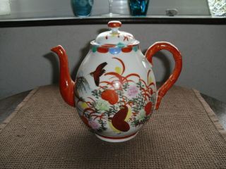 Vintage / Antique Japanese Hand Painted Porcelain Teapot Birds,  Flowers,  Scenery