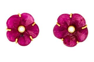 Rare Cathy Waterman 22k Diamond Ruby Flower Earrings Gold Earrings