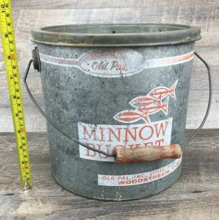 Vintage Old Pal Minnow Bucket Metal Fishing Bucket Flotation With Wood Handle