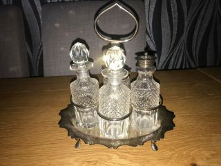 Early 4 Piece Glass Cruet Set On A Silver Plated Stand Complete With Spoon