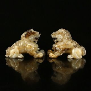 A Pair Chinese Hetian Jade Fortune Lion Statues