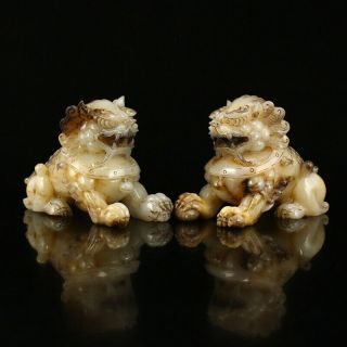 A Pair Chinese Hetian Jade Fortune Lion Statues 2