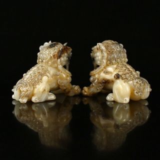 A Pair Chinese Hetian Jade Fortune Lion Statues 3