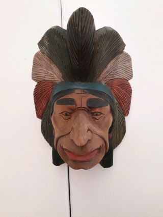 Vintage Old Wooden Hand Carved Native American Indian Chief Head Retro 12 " High