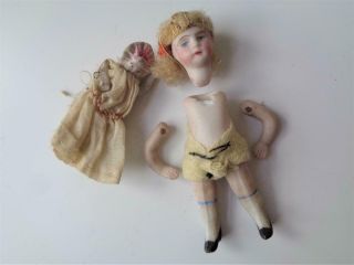 Small Antique German Bisque Dollhouse Dolls Frozen 1 With Bonnet Jointed Kestner