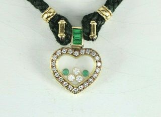 Rare Chopard 18k Gold Happy Floating Diamond Emerald Heart Pendant Cord Necklace