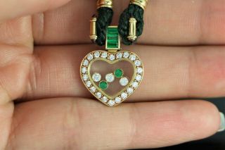 Rare Chopard 18K Gold Happy Floating Diamond Emerald Heart Pendant Cord Necklace 2