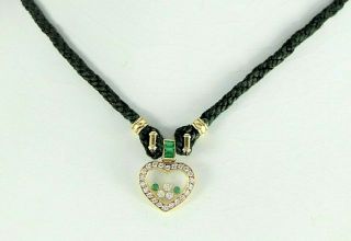 Rare Chopard 18K Gold Happy Floating Diamond Emerald Heart Pendant Cord Necklace 3