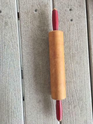Antique,  Wooden Rolling Pin With Red Handles 10 - 1/2” X 18 " Overall,  2 - 3/4 " Dia