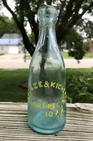 Charles City,  Iowa Rare 1870’s Schulze & Kicherer Aqua Blob Top Soda Bottle
