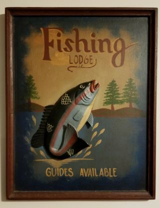 Vintage Fishing Lodge Wall Plaque Hand Painted & Carved 16” X 21” Wood - Rare
