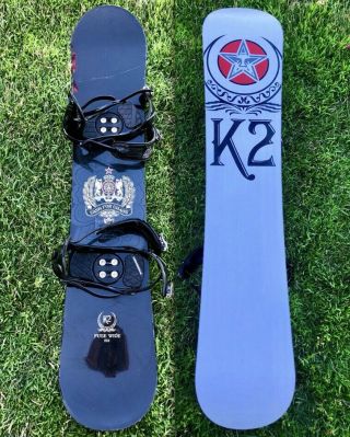 K2 X Obey Fuse Wide Snowboard 155cm W/ K2 Bindings Rare White/black Vintage 2007