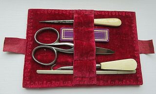 Antique Sewing,  Fitted Pad,  Scissors Stiletto Button Hook,  Winder,  Guide Bar.