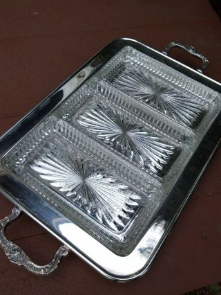 Leonard Quality Silverplate Footed Serving Tray With 3 Glass Inserts (nib)