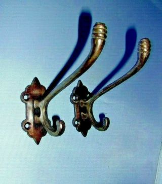 2 Solid Antique Brass Double Coat Hooks With Back Plate 4 " Long X 1 " Wide