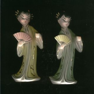 (2) Pair Vintage Japanese Porcelain Figurine Statue Lady Woman With/ A Fan Rare