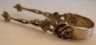 C.  1966 Malmo Sweden Sterling Silver Very Small Sugar Tongs With Raised Roses