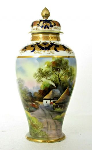 Antique Noritake Lidded Porcelain Vase,  Painted Landscape,  Raised Gilding,  10 " H