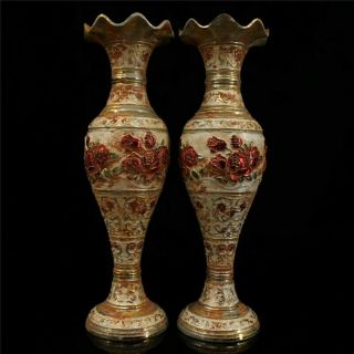 A Pair Chinese Pure Copper Gilt Silvering Cloisonne Carved Flower Vase