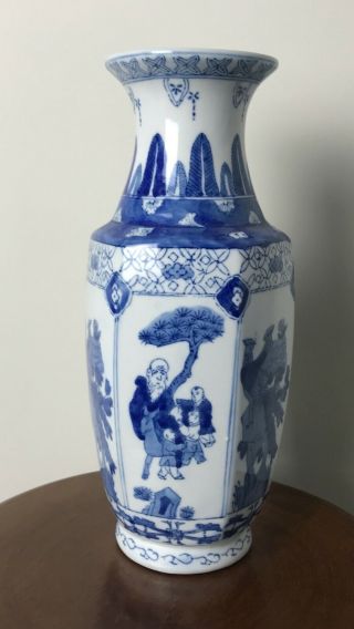 Chinese Ceramic Blue White Vase,  Hexagonal,  Hand Painted 30cms 12 " Exc.  Cond.