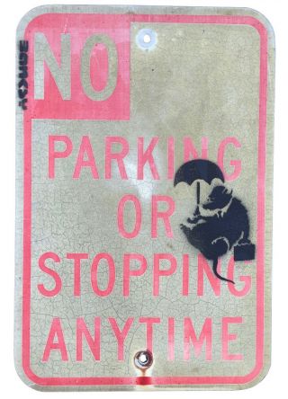 Banksy “umbrella Rat” Stencil On Metal Street Art 18x12” Sign 2008 Rare