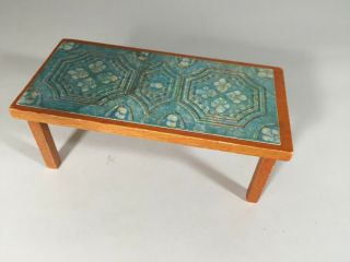1970s Lundby Dollhouse Vintage Coffee Table Wood With Turquoise Paper Tile