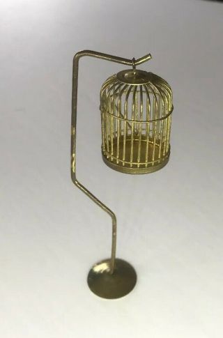 Vintage Dollhouse Miniatures Furniture Metal “brass” Birdcage On Stand 1:12