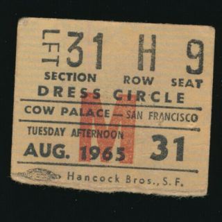 Beatles Rare 1965 Concert Ticket Stub For The Cow Palace San Francisco Light Tan