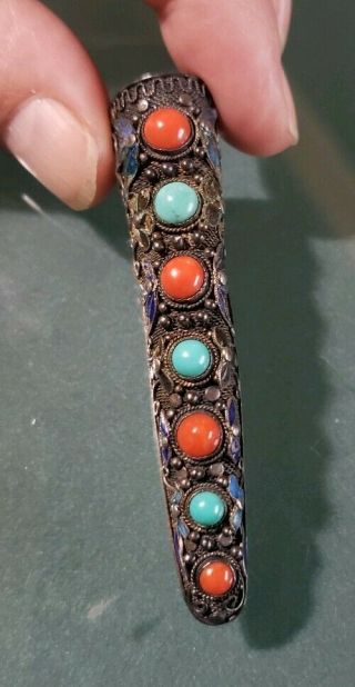 Antique Chinese Export Silver Finger Guard Pin,  Brooch Enamel Filigree Coral