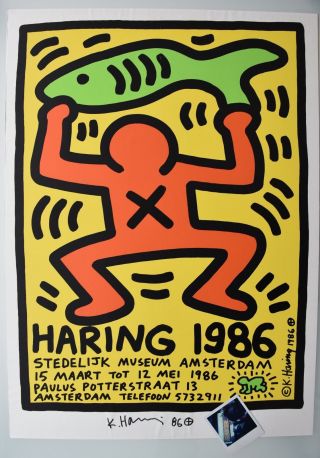 Keith Haring Hand Signed Exhibition Poster Amsterdam 1986 Stedelijk Museum Rare