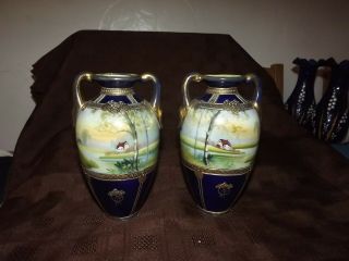 Antique Noritake Gold Encrusted River View Twin Handle Vases - 16cm High