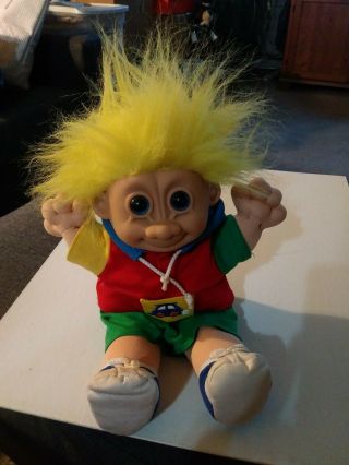 Vintage Soft Body Troll 12 " Yellow Hair Blue Eyes With Hoodie