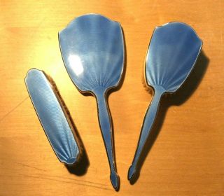 Vintage Guilloche Blue Dressing Table Vanity Set Mirror Brushes Silver Plated