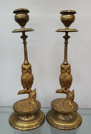 Antique Brass Candle Sticks With Owl Tin Bottom Gold