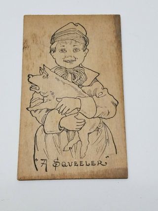 Antique Flemish Art Wood Burning Pyrography Plate Folk Art Boy Pig Post Card