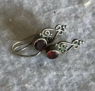 Vintage Sterling Silver Red Faceted Garnet Earrings French Hook Tribal Bali