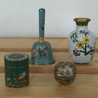 4 Antique Chinese Japanese Cloisonné Enamel Brass Miniature Trinket Vase Bell