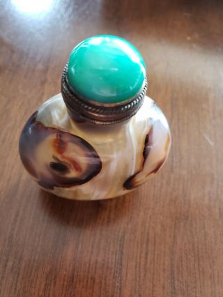 Old Chinese Agate Snuff Bottle Well Carved.  Unusual Natural Colors Thru Out.