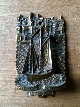 Vintage Brass Door Knocker St.  Peter Port Guernsey Sailboat Ship Small Antique