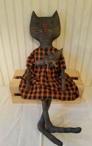 Primitive Grungy Big Black Kitty Cat Halloween Doll & Her Bat