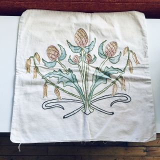 Antique Arts & Crafts Hand Embroidered & Painted Pillow Cover Floral Thistle ?