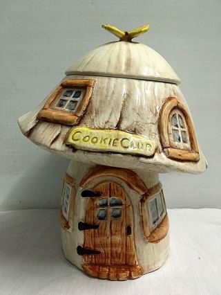Vintage Cookie Jar Mushroom Home Butterfly Top Treasure Craft Cookie Club Rare